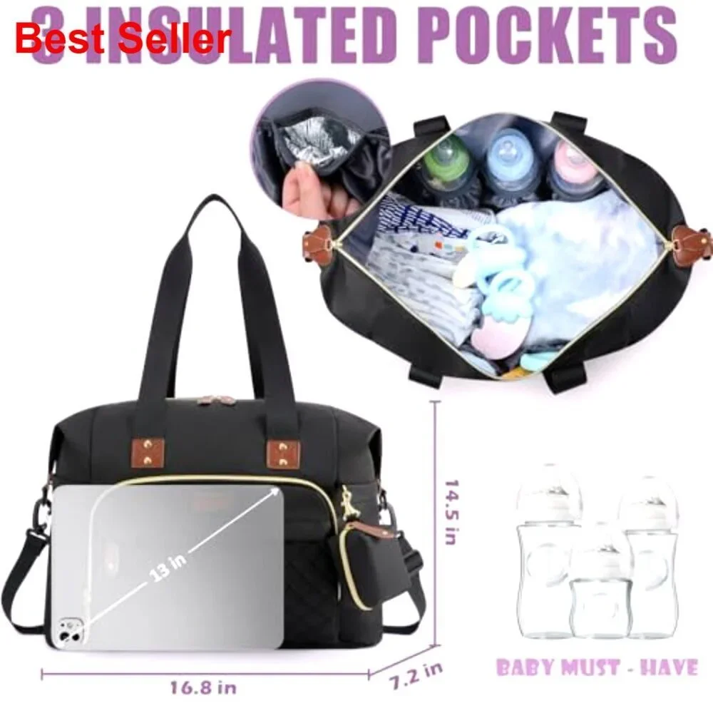 Large Travel Diaper Tote with Pacifier Case, Waterproof Polyester Bag